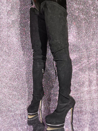 スエードサイハイブーツ ブラックプラットフォームハイヒールオーバーニーブーツ