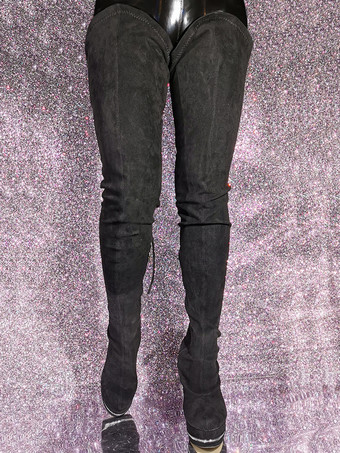 スエードサイハイブーツ ブラックプラットフォームハイヒールオーバーニーブーツ