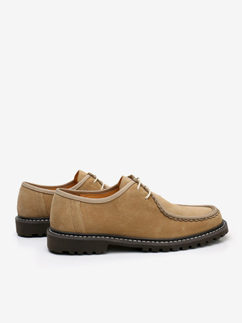 男性用カジュアルシューズ カーキ牛革 ラウンドトゥ レースアップシューズ
