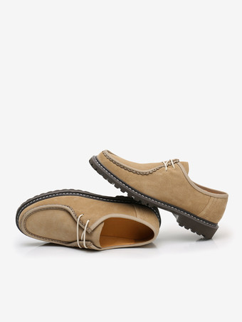 男性用カジュアルシューズ カーキ牛革 ラウンドトゥ レースアップシューズ