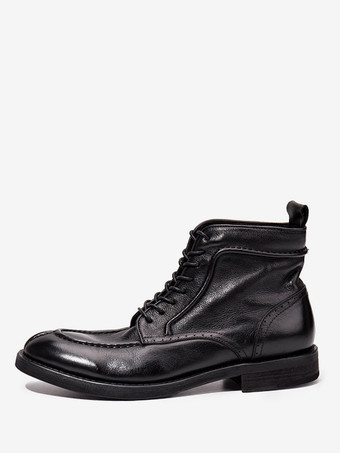 ブラック メンズ モーターサイクル レトロ ワーク マホガニー 牛革 ラウンドトゥ コンバットブーツ