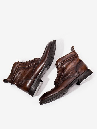 メンズ モーターサイクル レトロ ワーク マホガニー 牛革 ラウンドトゥ コンバットブーツ