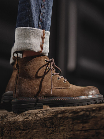 メンズ マーティン ワーク コーヒーブラウン スエードレザー ラウンドトゥ ショートブーツ