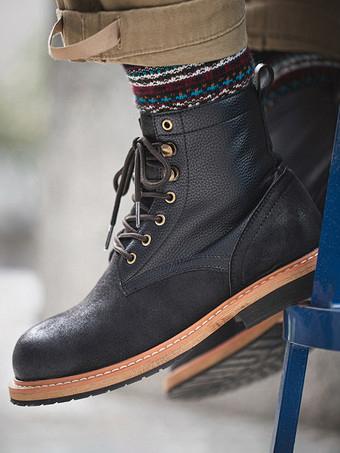 Martin Arbeits-Motorradstiefel für Herren Kampfstiefel aus schwarzem Rindsleder mit runder Zehenpartie