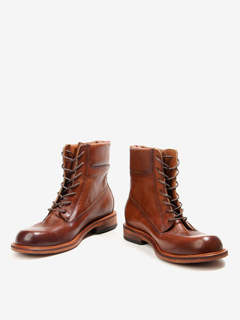 Stivali corti da uomo in pelle bovina lavata retrò rabarbaro da lavoro alti da moto marrone scuro con punta tonda