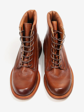 Stivali corti da uomo in pelle bovina lavata retrò rabarbaro da lavoro alti da moto marrone scuro con punta tonda