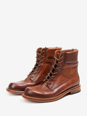 Stivali corti da uomo in pelle bovina lavata retrò rabarbaro da lavoro alti da moto marrone scuro con punta tonda