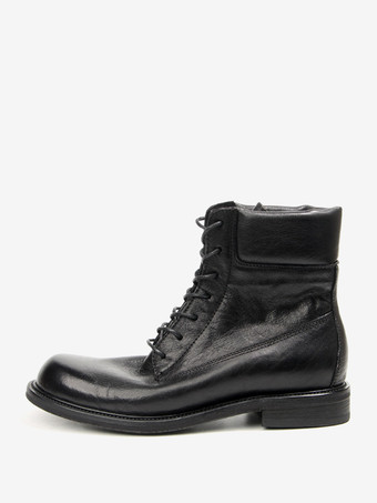 Nero Stivali corti da uomo in pelle bovina lavata retrò rabarbaro da lavoro alti da moto marrone scuro con punta tonda