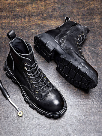 Black Men's Motorcycle Martin British Retro High-Top Work boots Coffee Brown Cowhide Round Toe Combat Boots