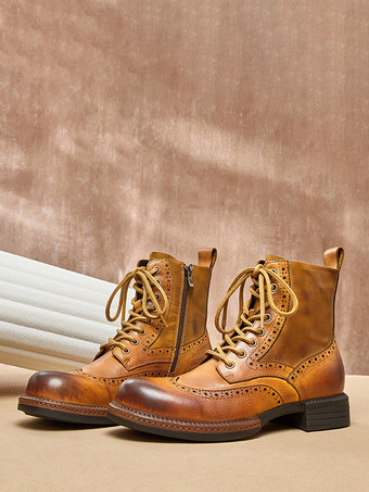 ブラウン メンズ マーティン ブローグ ビジネス カジュアル レトロ コーヒー ブラウン 牛革 ラウンドトゥ ショートブーツ