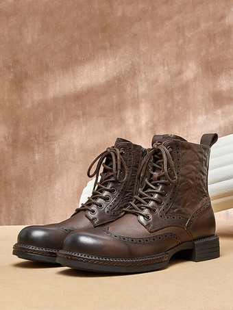 メンズ マーティン ブローグ ビジネス カジュアル レトロ コーヒー ブラウン 牛革 ラウンドトゥ ショートブーツ