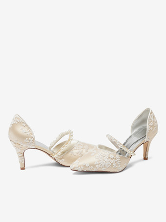 シャンパン ウェディング シューズ レース パール フラワー 刺繍 ブライダル パンプス