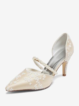 Chaussures de mariage femme Escarpins de mariee en dentelle a bout pointu brode