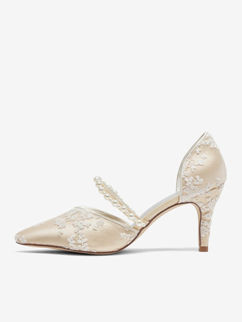 シャンパン ウェディング シューズ レース パール フラワー 刺繍 ブライダル パンプス