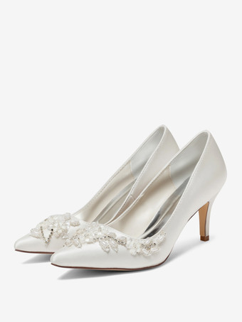 アイボリーのウェディングシューズ ポインテッドトゥ ラインストーン ブライダルシューズ