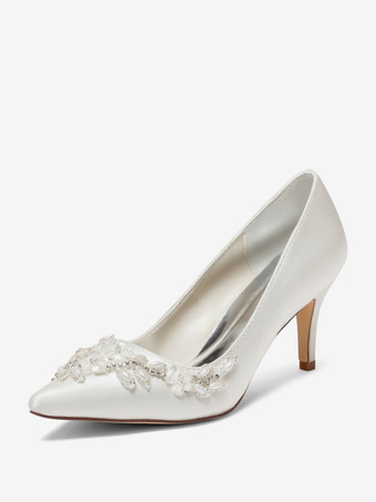 アイボリー アイボリーのウェディングシューズ ポインテッドトゥ ラインストーン ブライダルシューズ