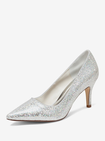 Silver Wedding Shoes Glitter Pointed Toe Kitten Heel Bridal Pumps