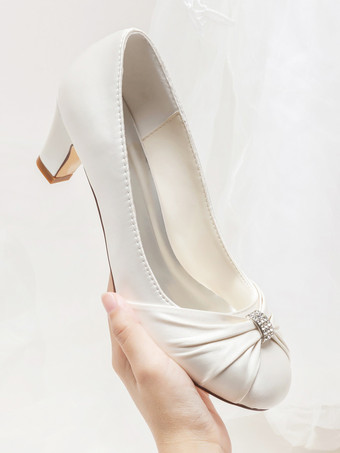 ヴィンテージウェディングシューズサテンラウンドトゥラインストーンミッドヒールブライダルシューズ