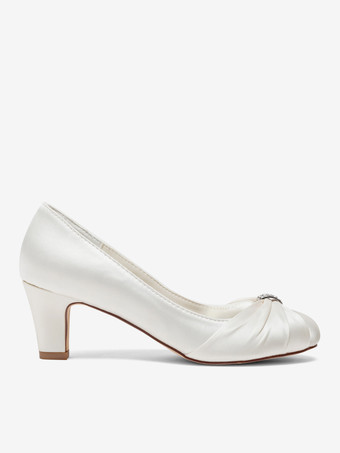 ヴィンテージウェディングシューズサテンラウンドトゥラインストーンミッドヒールブライダルシューズ