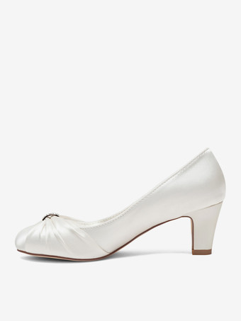 ヴィンテージウェディングシューズサテンラウンドトゥラインストーンミッドヒールブライダルシューズ