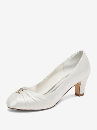 アイボリー ヴィンテージウェディングシューズサテンラウンドトゥラインストーンミッドヒールブライダルシューズ