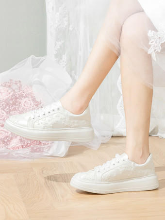 アイボリー フラット ブライダル シューズ フラワー ディテール レースアップ フラット ウェディング シューズ