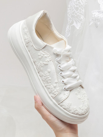 アイボリー フラット ブライダル シューズ フラワー ディテール レースアップ フラット ウェディング シューズ