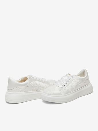 アイボリー フラット ブライダル シューズ フラワー ディテール レースアップ フラット ウェディング シューズ