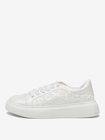 アイボリー フラット ブライダル シューズ フラワー ディテール レースアップ フラット ウェディング シューズ