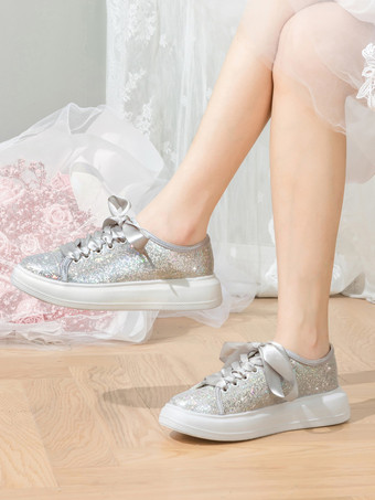 グリッターフラットウェディングシューズラウンドトゥレースアップブライダルシューズ