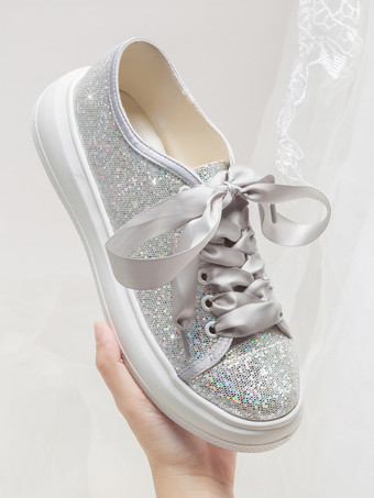 グリッターフラットウェディングシューズラウンドトゥレースアップブライダルシューズ