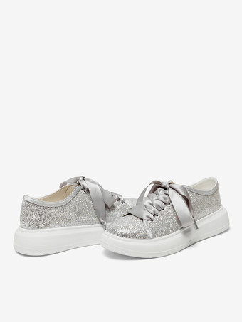 グリッターフラットウェディングシューズラウンドトゥレースアップブライダルシューズ