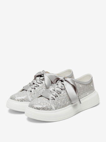 グリッターフラットウェディングシューズラウンドトゥレースアップブライダルシューズ