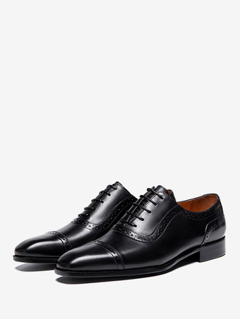ブラック 男性用ドレスシューズ ファッション ラウンドトゥ レースアップ 牛革 プロム ホームカミング ウェディングシューズ