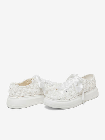 フラット ウェディング シューズ アイボリー フラワー ディテール ラウンドトゥ ブライダル シューズ