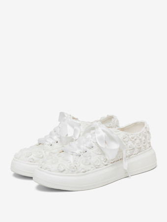 フラット ウェディング シューズ アイボリー フラワー ディテール ラウンドトゥ ブライダル シューズ