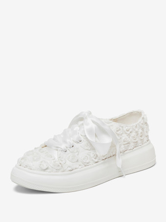 アイボリー フラット ウェディング シューズ アイボリー フラワー ディテール ラウンドトゥ ブライダル シューズ