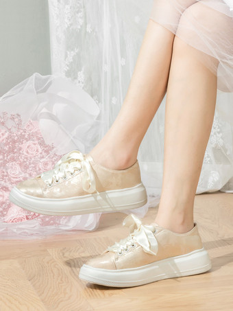 シャンパンブライダルシューズフラワー刺繍ラウンドトゥウェディングシューズ