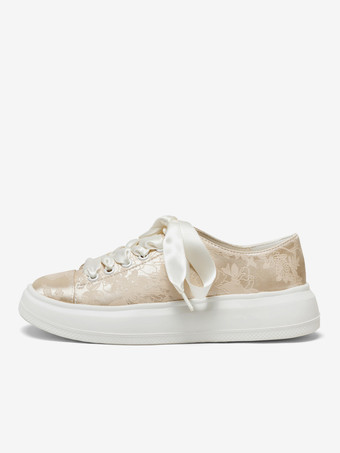 シャンパンブライダルシューズフラワー刺繍ラウンドトゥウェディングシューズ