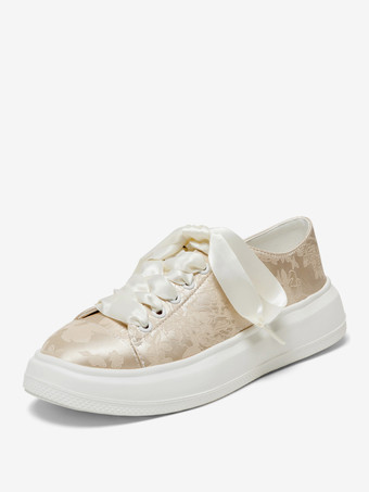 シャンパンカラーシャンパンブライダルシューズフラワー刺繍ラウンドトゥウェディングシューズ