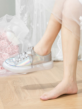 Sliber ブライダルシューズ Metallci ラウンドトゥ レースアップ フラット ウェディング シューズ