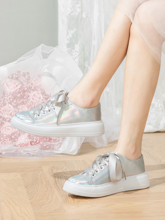 Sliber ブライダルシューズ Metallci ラウンドトゥ レースアップ フラット ウェディング シューズ