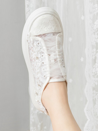 レースブライダルシューズレースアップフラワーディテールファルトウェディングシューズ