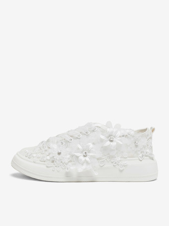 レース ウェディング フラット アイボリー ラウンドトゥ 花のディテール レースアップ ブライダル シューズ