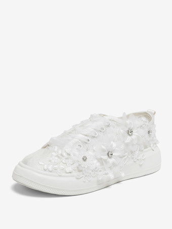 アイボリー レース ウェディング フラット アイボリー ラウンドトゥ 花のディテール レースアップ ブライダル シューズ