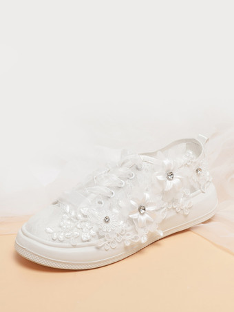 レース ウェディング フラット アイボリー ラウンドトゥ 花のディテール レースアップ ブライダル シューズ