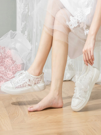 アイボリー フラット ブライダル シューズ レースアップ ウェディング シューズ