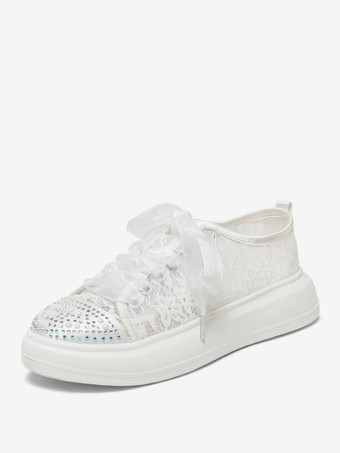 アイボリー レースのウェディングシューズ ラインストーン ラウンドトゥ レースアップ ブライダル フラット