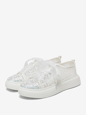 レースのウェディングシューズ ラインストーン ラウンドトゥ レースアップ ブライダル フラット