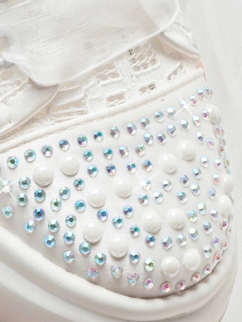 レースのウェディングシューズ ラインストーン ラウンドトゥ レースアップ ブライダル フラット